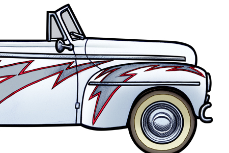 Close up detail of 451 picture of a 1948 Ford De-luxe convertable car