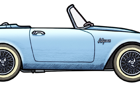 Close up detail of a 1961 Sunbeam Alpine driven by James Bond