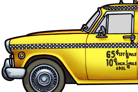 Close up detail of 451 picture of a 1975 New York Checker Taxi, pimped by Travis Bickle.